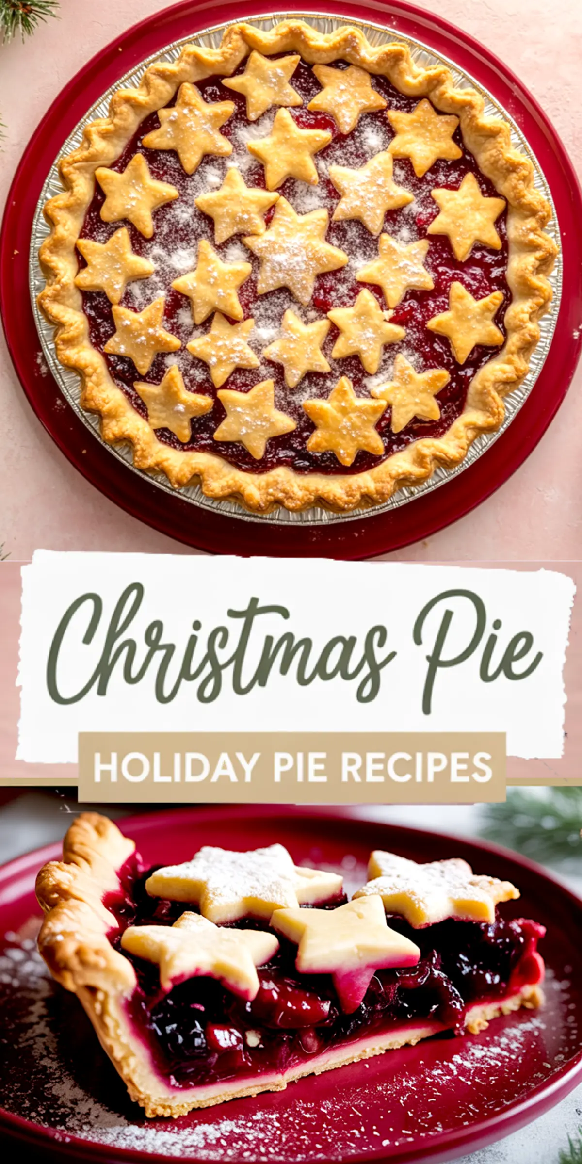 Top view and close-up of a Christmas pie with star-shaped crust cutouts dusted with powdered sugar, featuring a glossy berry filling and set on a festive red plate with text overlay “Christmas Pie - Holiday Pie Recipes.”
