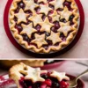 Overhead and sliced view of a holiday star-topped pie filled with cherries, apples, and blueberries, served on a red plate with Christmas decorations in the background.