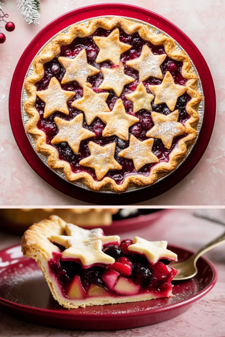 Overhead and sliced view of a holiday star-topped pie filled with cherries, apples, and blueberries, served on a red plate with Christmas decorations in the background.