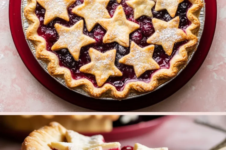 Overhead and sliced view of a holiday star-topped pie filled with cherries, apples, and blueberries, served on a red plate with Christmas decorations in the background.
