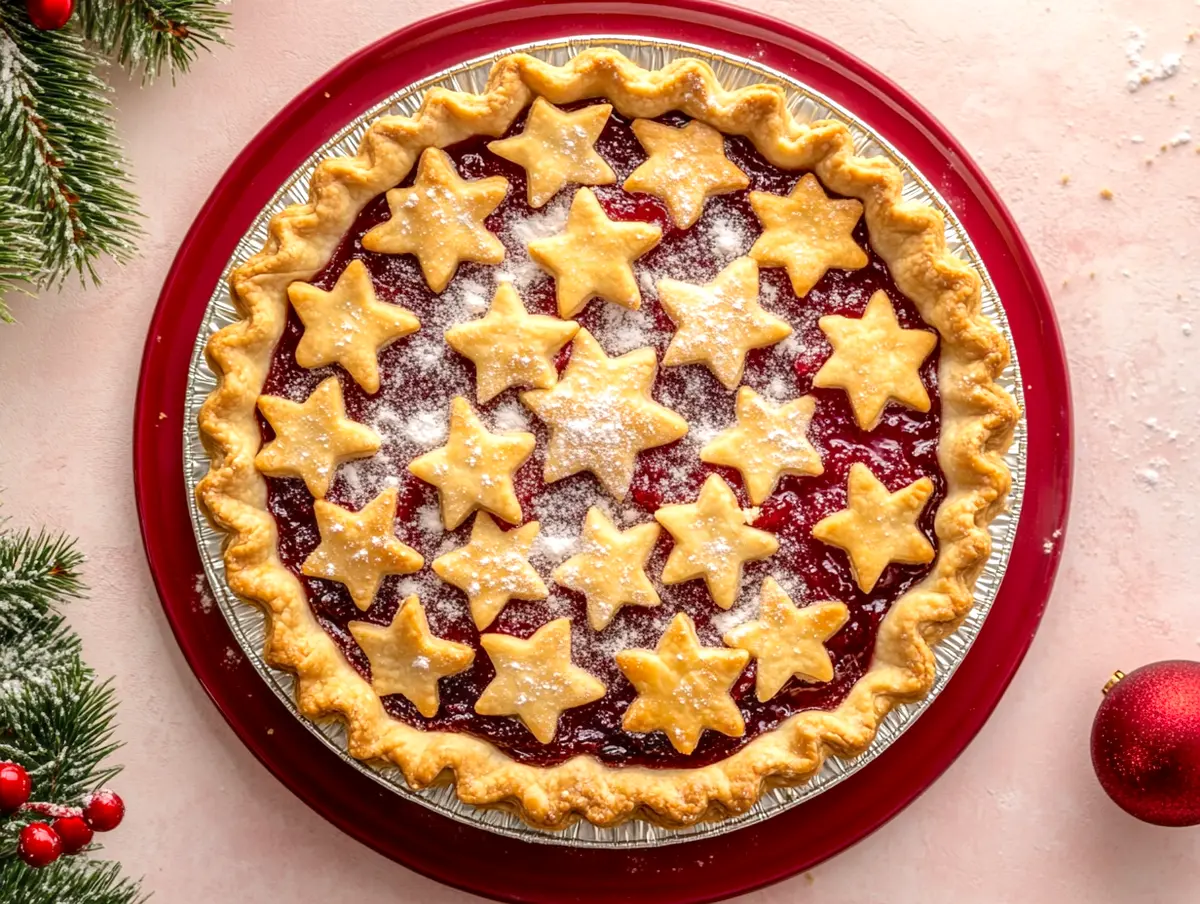Overhead view of a holiday fruit pie with golden star cutout crust, dusted with powdered sugar and served in a foil pan on a red tray with evergreen branches and ornaments.