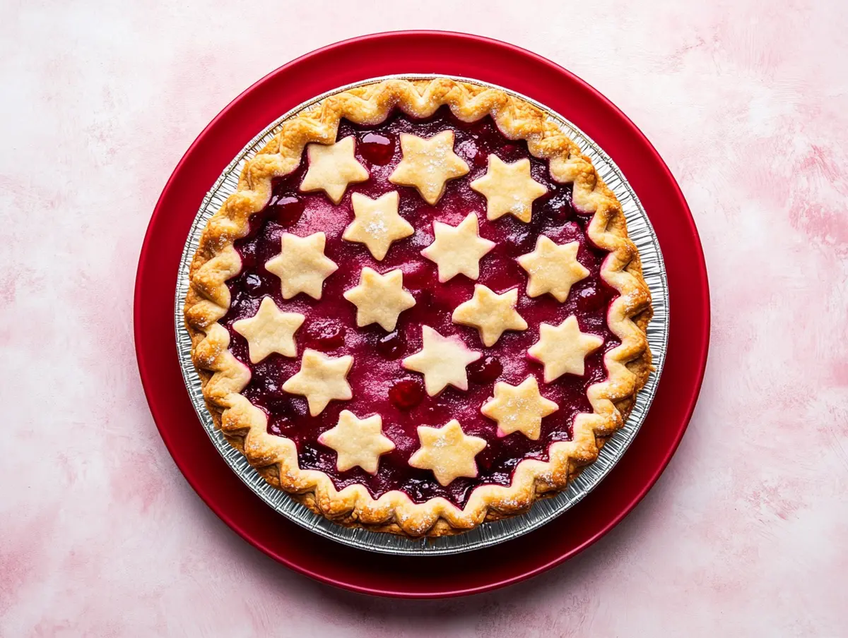 Top-down image of a Christmas berry pie featuring a golden star crust pattern and glossy red fruit filling, placed in a foil pan on a vibrant red plate against a pink background.