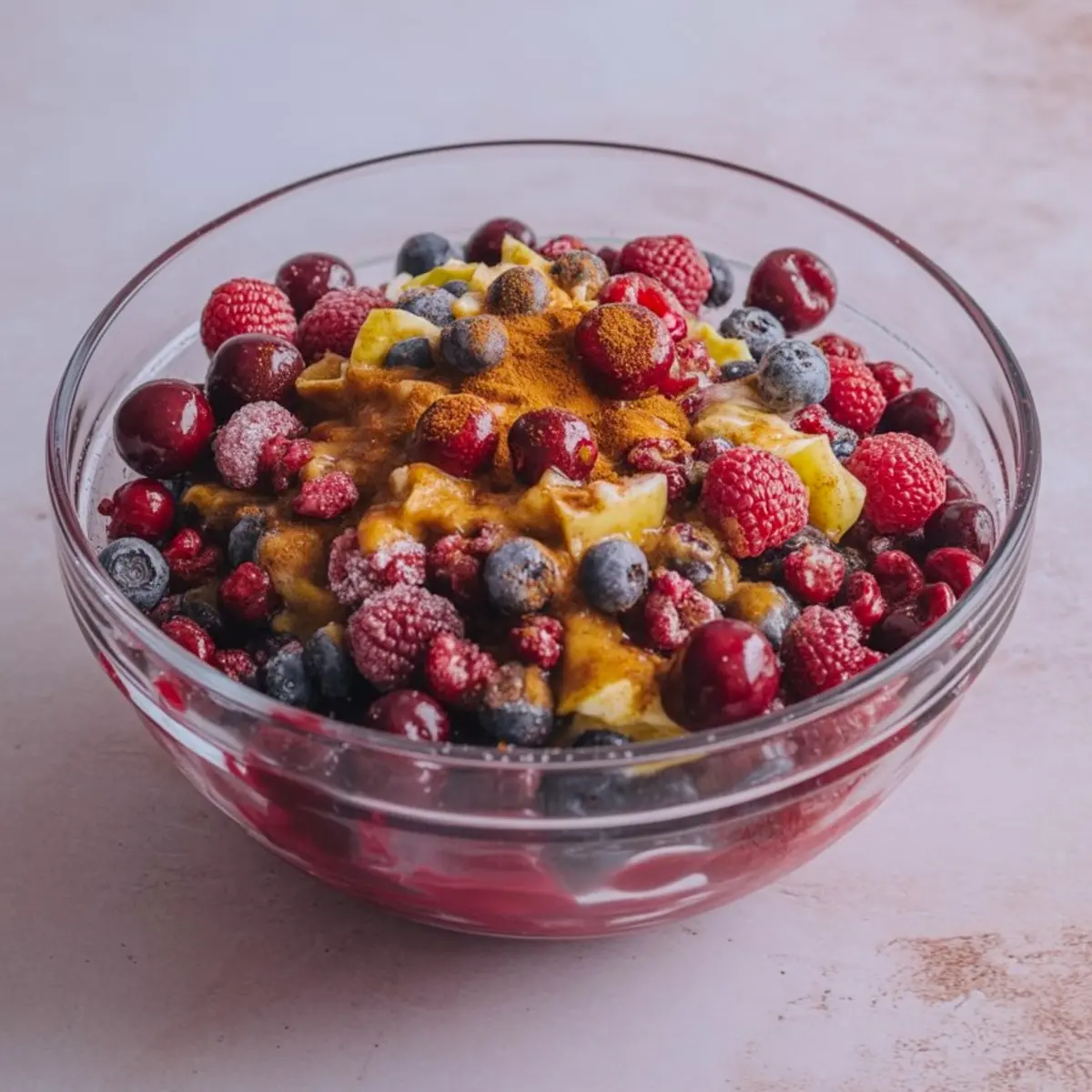 Glass bowl filled with frozen berries, diced apples, cinnamon, and sugar, showing a vibrant holiday fruit pie filling mix.
