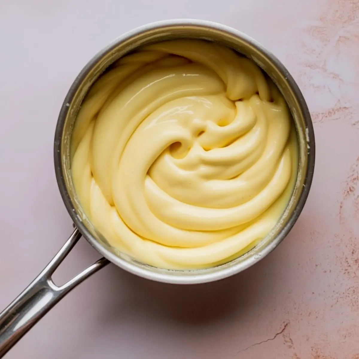 Close-up of silky smooth vanilla pastry cream swirled in a stainless steel saucepan, set on a light pink background.