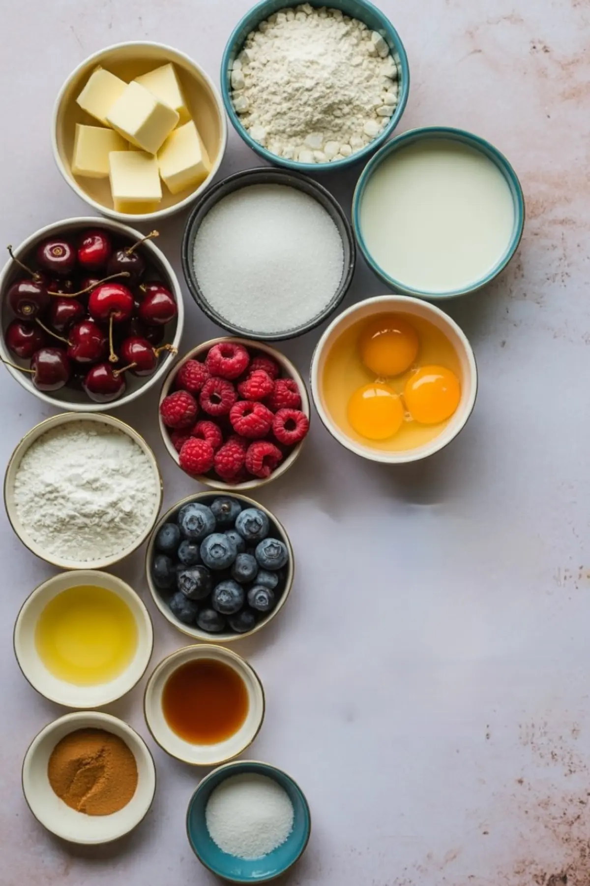 Flat lay of baking ingredients in small bowls including butter cubes, flour, sugar, milk, eggs, cherries, raspberries, blueberries, vanilla extract, cinnamon, and oil on a marble surface.