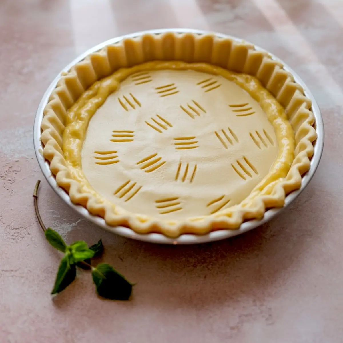 Unbaked pie crust in a metal pie dish with crimped edges and fork-pricked base, set on a pastel pink surface with a fresh mint garnish.