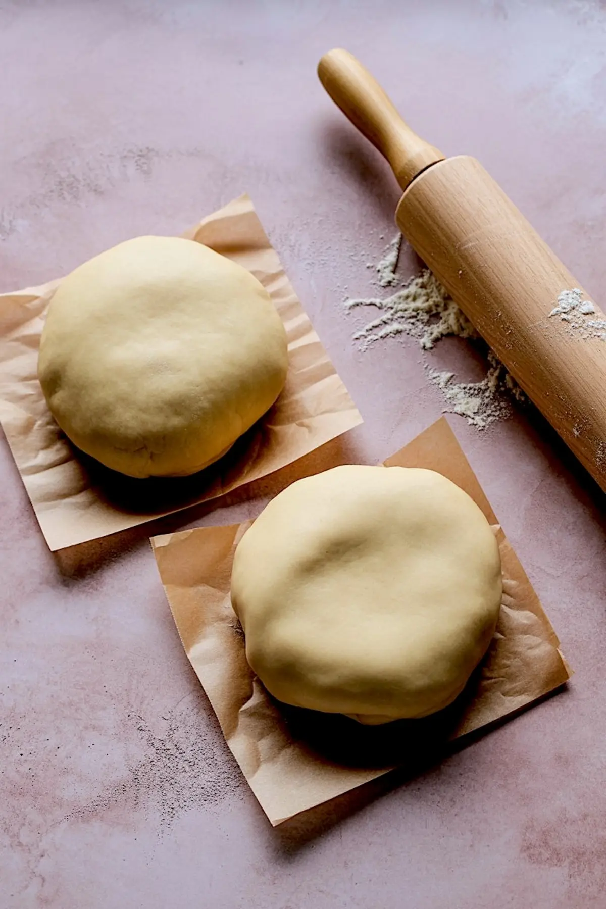 Two smooth dough balls rest on parchment paper over a light pink surface with a wooden rolling pin and scattered flour nearby, showing preparation for homemade pie crust.