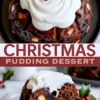 Collage of holiday pudding topped with whipped cream and decorated with holly, showing both a full dessert and a detailed slice with whole almonds and dried fruit inside rich chocolate-colored cake.