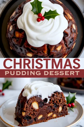 Collage of holiday pudding topped with whipped cream and decorated with holly, showing both a full dessert and a detailed slice with whole almonds and dried fruit inside rich chocolate-colored cake.