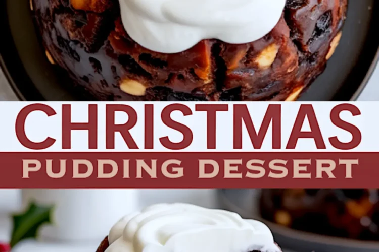 Collage of holiday pudding topped with whipped cream and decorated with holly, showing both a full dessert and a detailed slice with whole almonds and dried fruit inside rich chocolate-colored cake.