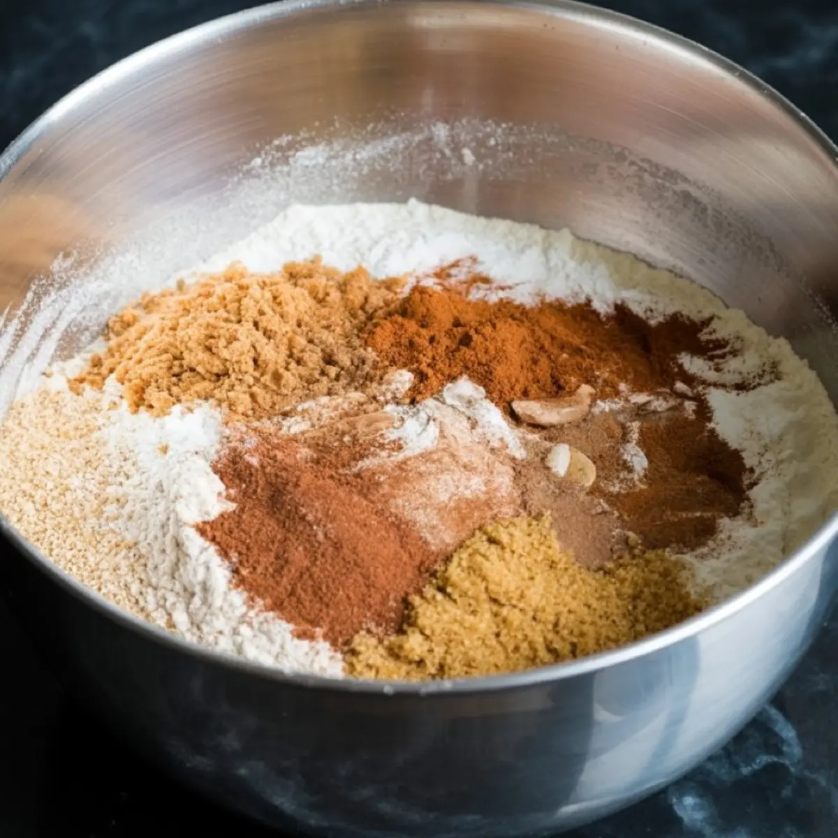 Stainless steel mixing bowl filled with flour, brown sugar, ground cinnamon, nutmeg, ginger, cloves, and other dry baking spices arranged in separate piles for a holiday dessert recipe.