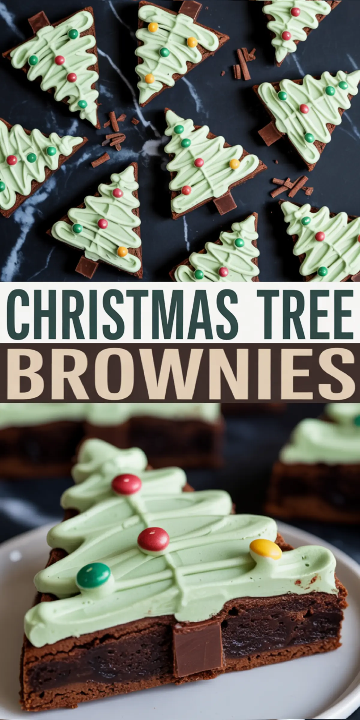 Collage featuring festive Christmas tree brownies decorated with green frosting, candy ornaments, and chocolate trunk pieces, with bold text overlay reading “CHRISTMAS TREE BROWNIES” in two different views.