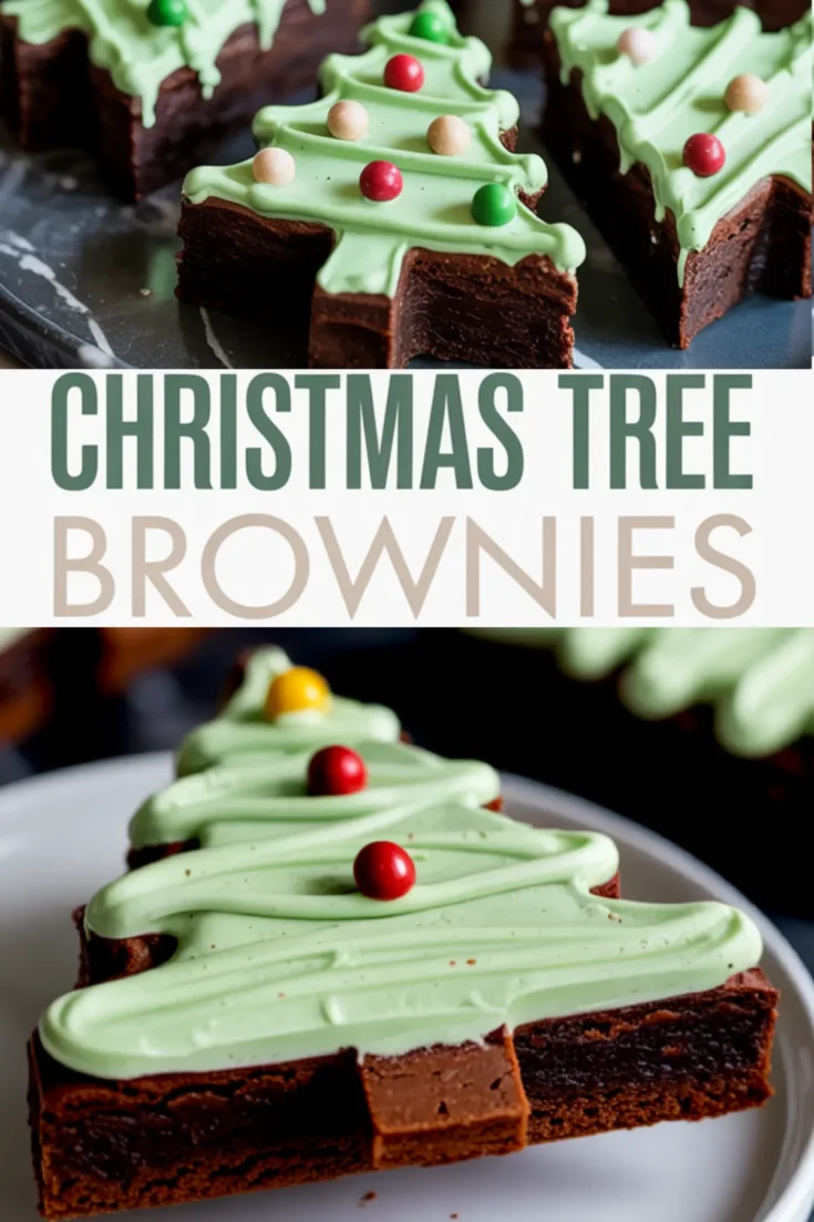 Collage showcasing close-up and top views of Christmas tree brownies with piped green frosting and colorful candy decorations, framed by “CHRISTMAS TREE BROWNIES” text in bold letters.