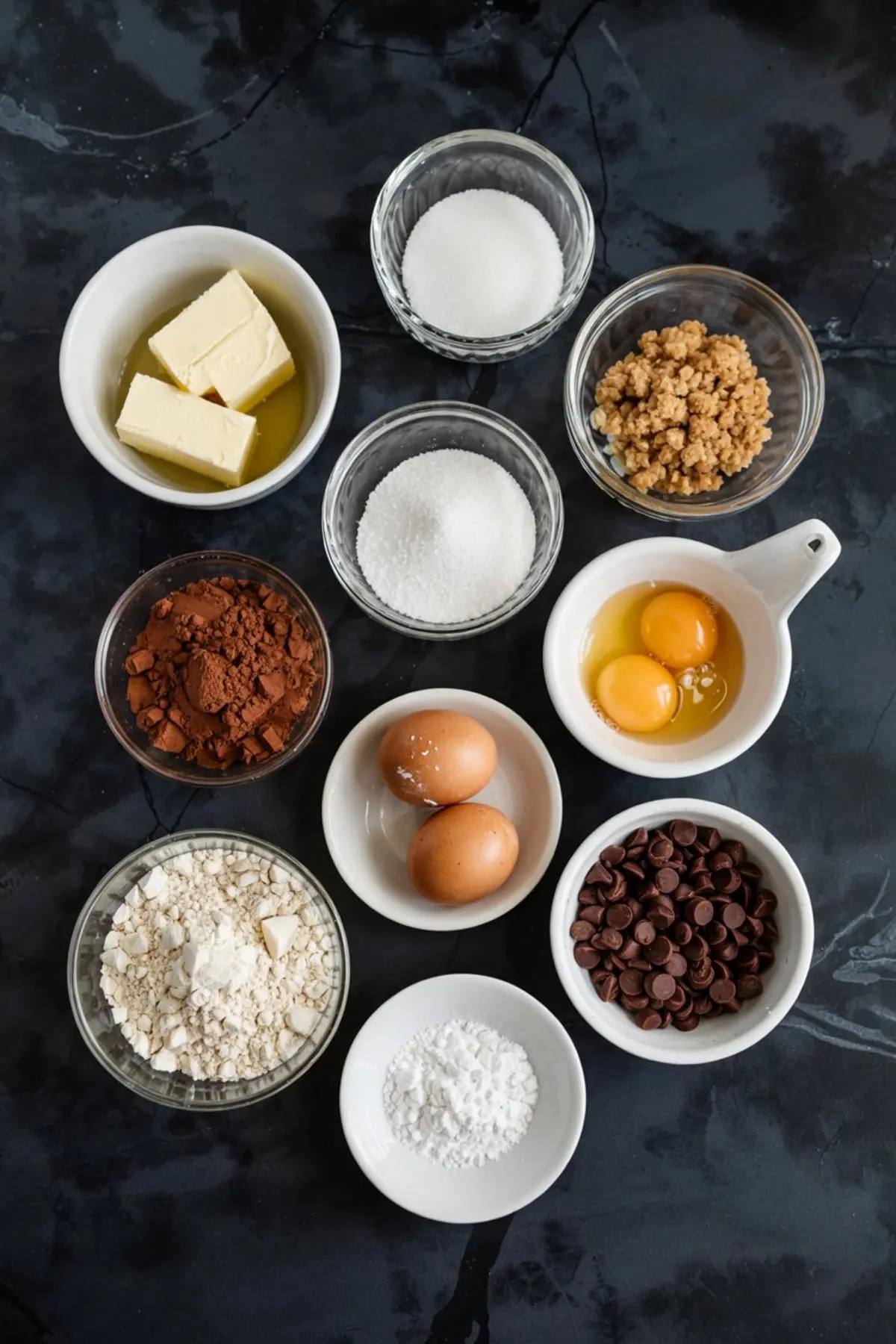 Overhead view of brownie ingredients in small bowls on a dark marble countertop, including butter, granulated sugar, brown sugar, eggs, cocoa powder, flour, cornstarch, and chocolate chips.