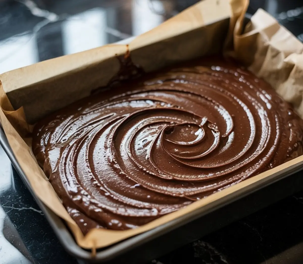 Brownie batter swirled smoothly in a parchment-lined rectangular baking pan, ready to be baked on a glossy black countertop.