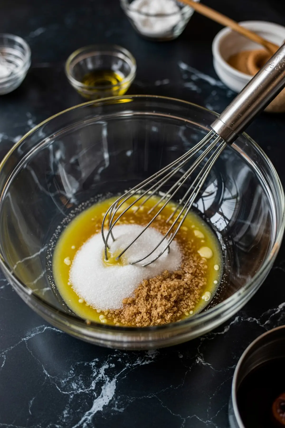 Whisk mixing melted butter, white sugar, and brown sugar in a clear glass bowl placed on a dark kitchen surface.