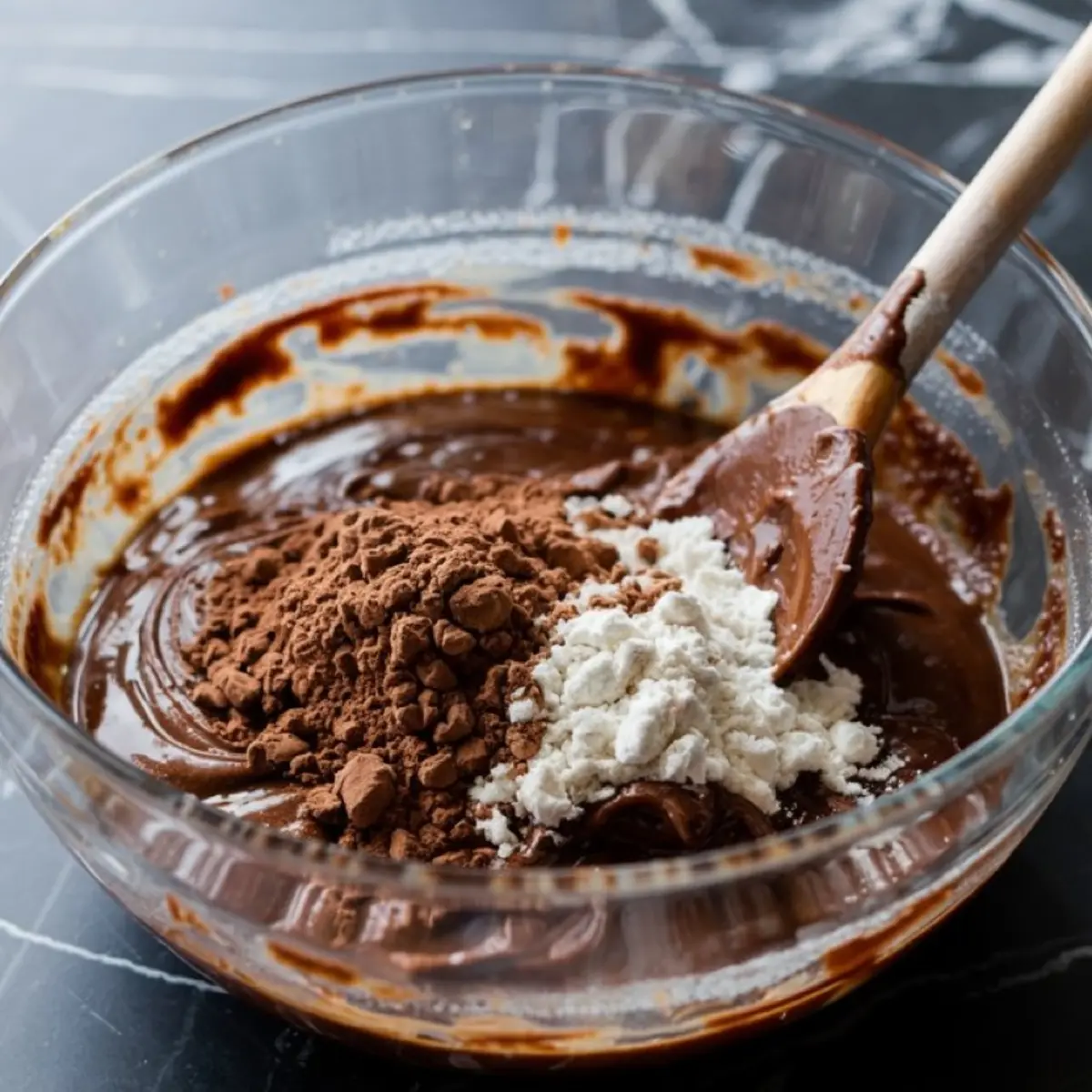 Dry cocoa powder and flour added to chocolate brownie batter in a glass mixing bowl with a wooden spatula.