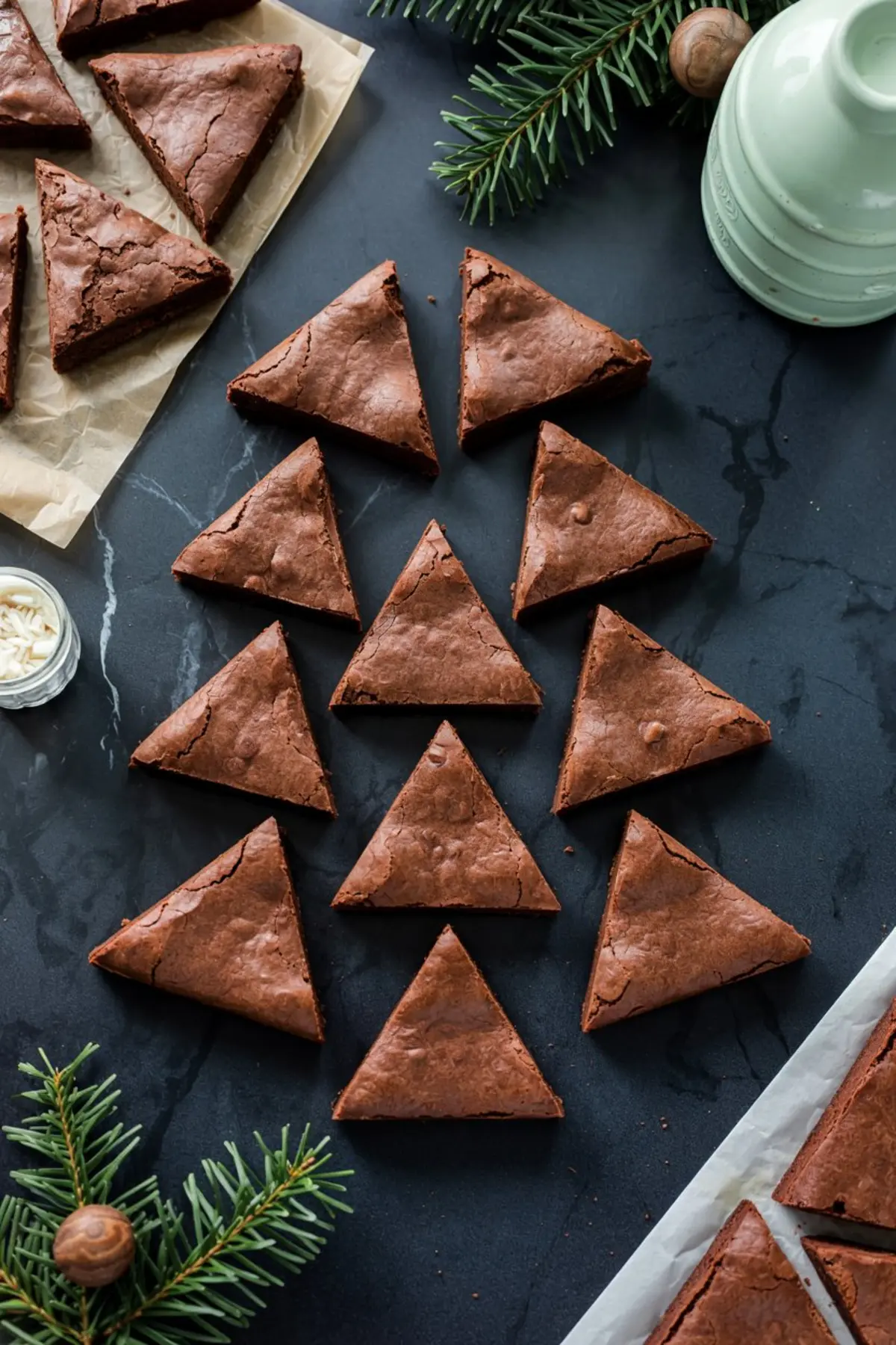 Triangular slices of baked brownies arranged in a tree shape on a black marble surface, with scattered evergreen sprigs and parchment paper.