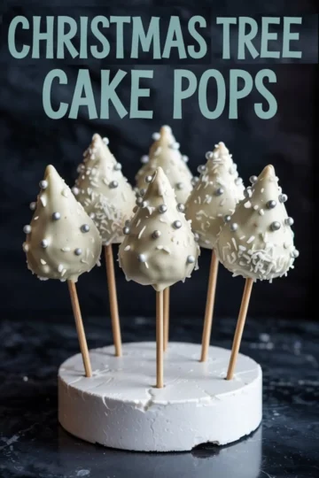 Six white chocolate Christmas tree cake pops with silver pearls and shredded coconut, arranged in a foam base under bold text reading “CHRISTMAS TREE CAKE POPS.”
