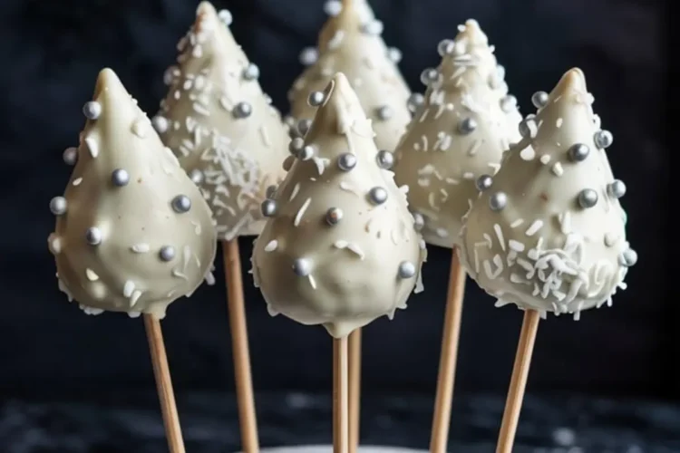 Six white chocolate Christmas tree cake pops with silver pearls and shredded coconut, arranged in a foam base under bold text reading “CHRISTMAS TREE CAKE POPS.”