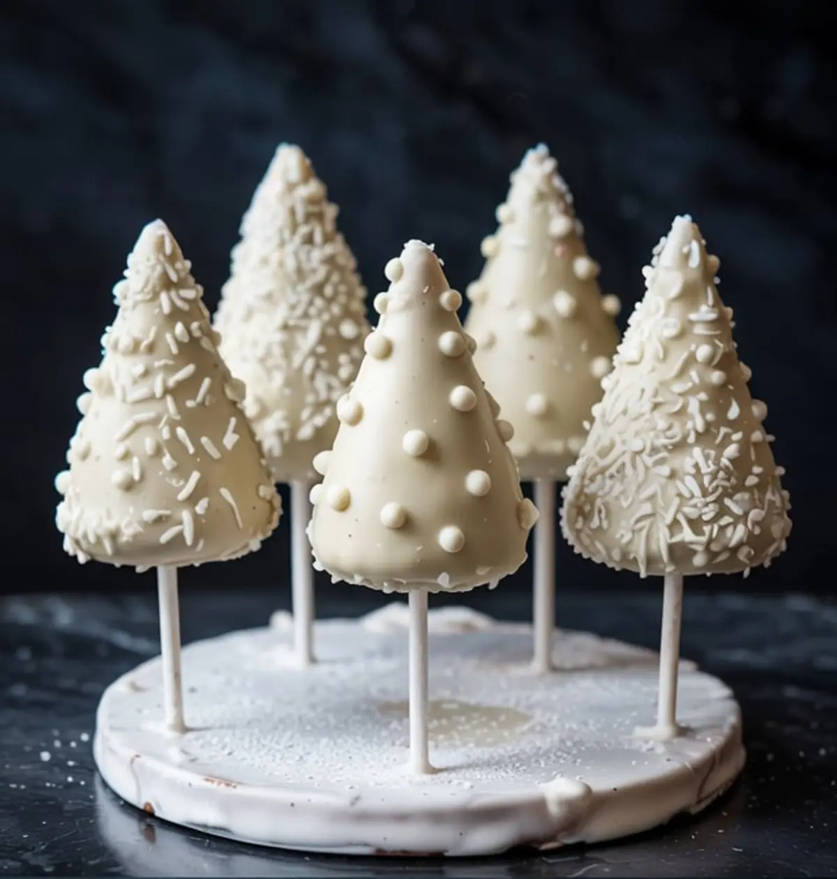 White chocolate Christmas tree cake pops decorated with sprinkles and sugar pearls, standing upright on sticks in a circular white base, with a dark moody background.
