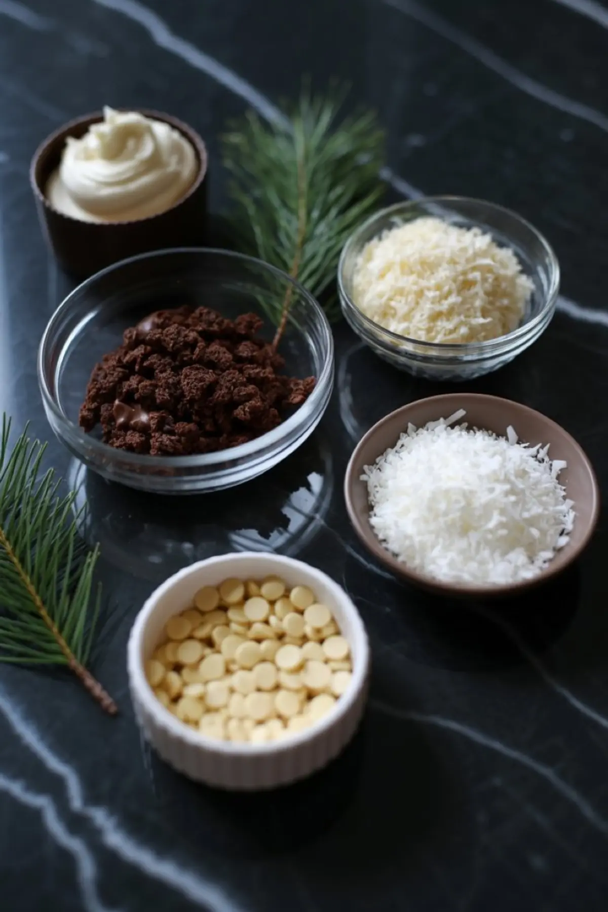 Flat lay of cake pop ingredients on a black marble surface including chocolate cake crumbles, buttercream frosting, shredded coconut, white chocolate chips, and grated white chocolate, styled with pine sprigs.
