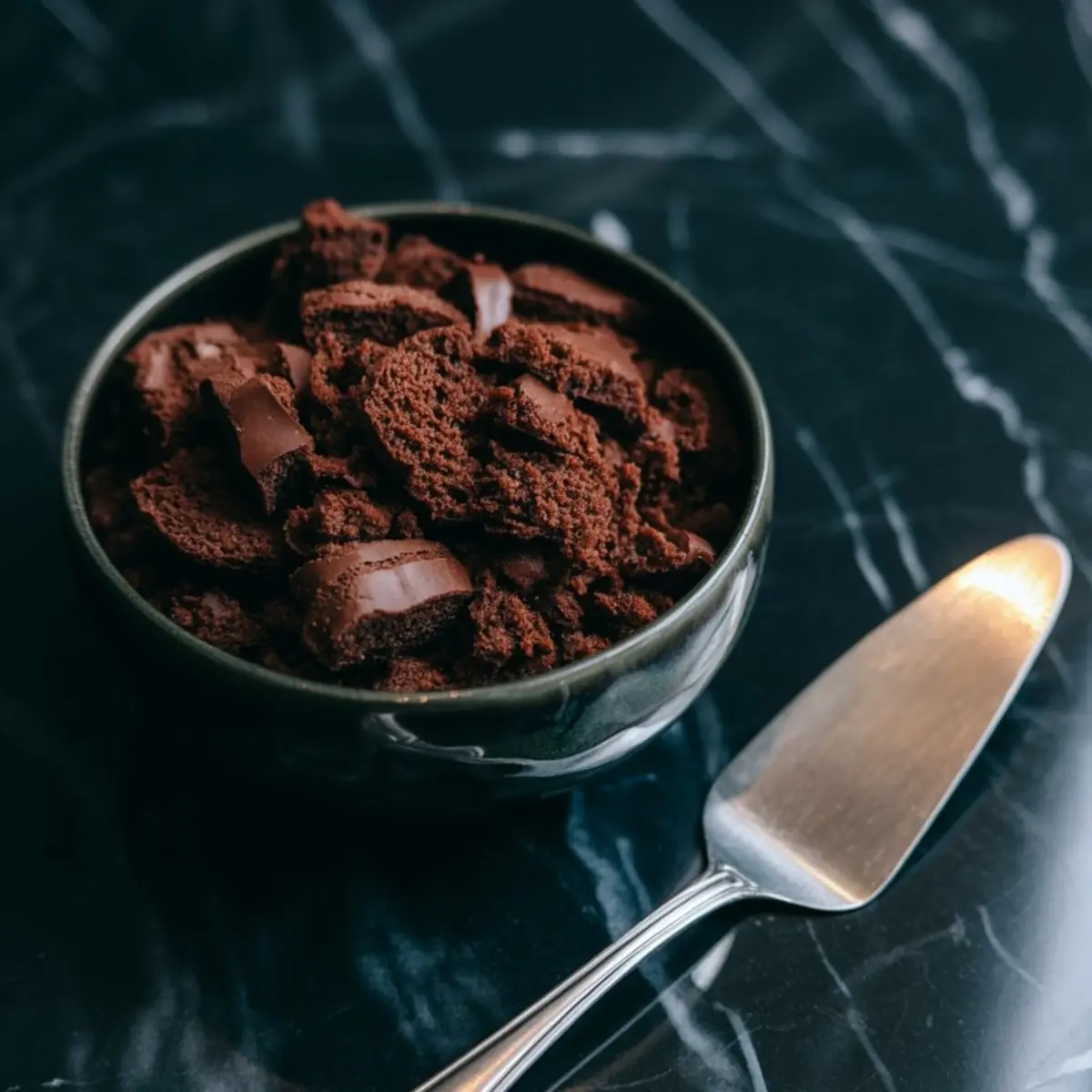 Close-up of a bowl filled with crumbled chocolate cake pieces, placed beside a silver cake server on a black marble surface.
