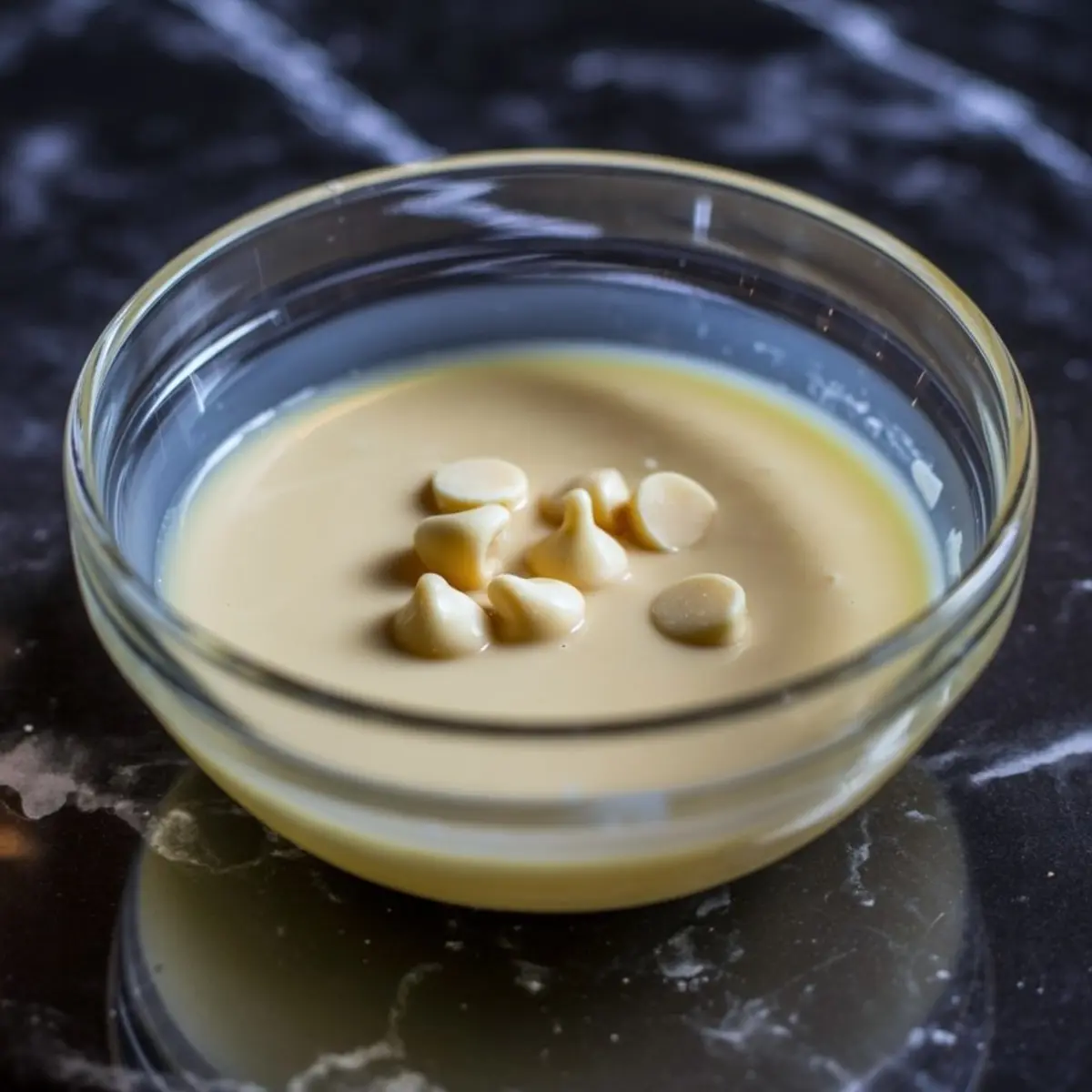 Melted white chocolate in a glass bowl with unmelted white chocolate chips floating on top, placed on a dark marble surface.
