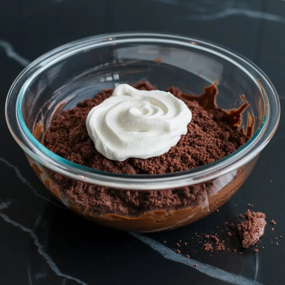 Glass bowl with chocolate cake crumbs and a swirl of white frosting on top, ready for mixing to form cake pop dough.
