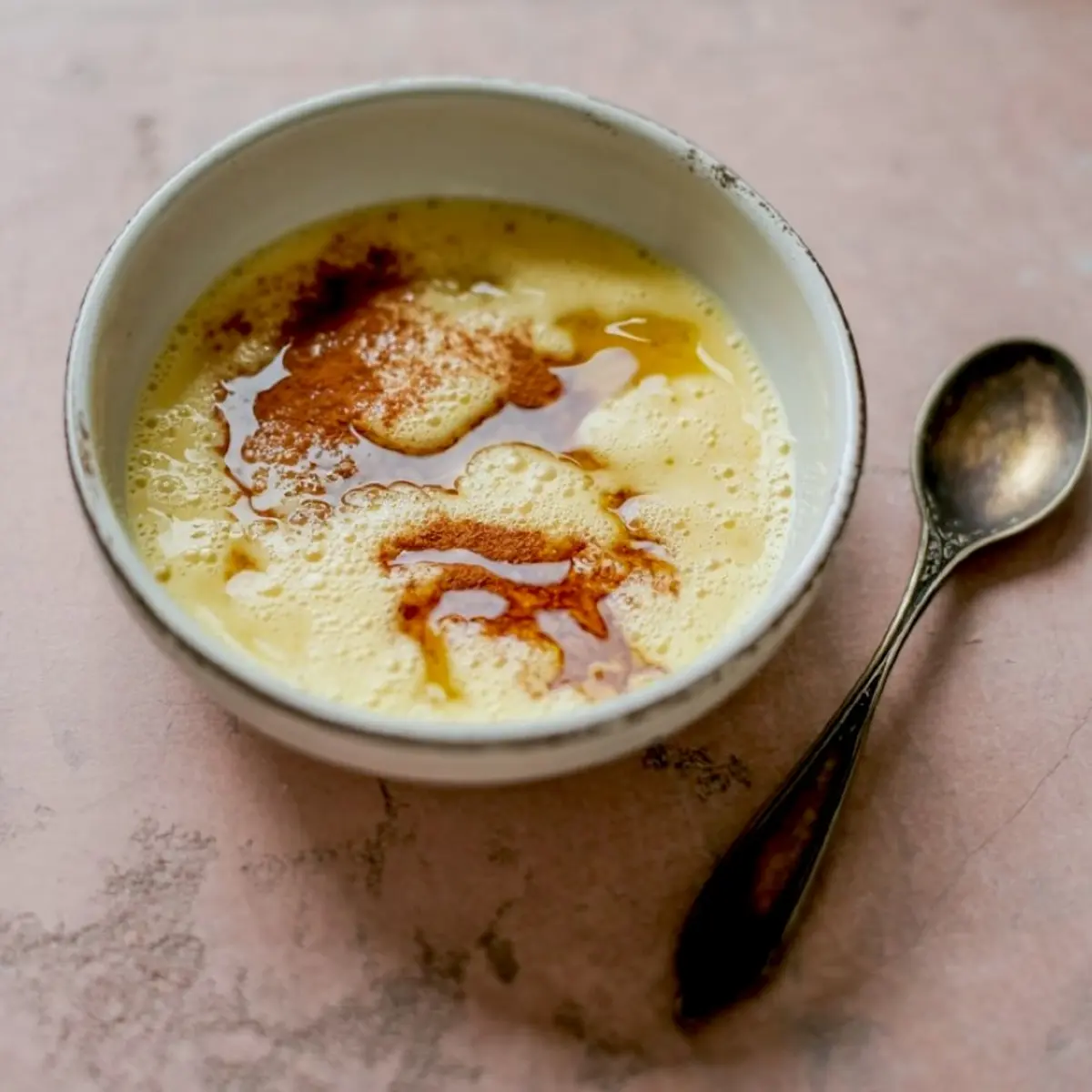 A ceramic bowl filled with frothy, golden egg mixture topped with melted butter and cinnamon, resting on a light pink surface beside a vintage silver spoon.