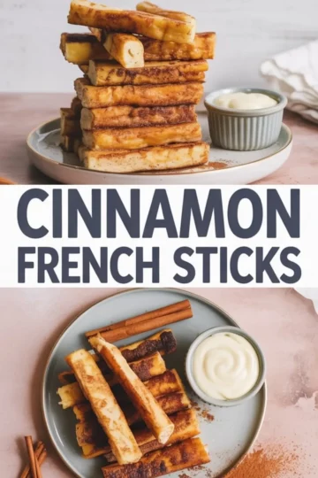 A two-part collage showing cinnamon French toast sticks stacked on a plate with a creamy dipping sauce; the top half presents a side angle while the bottom shows a top-down view with cinnamon sticks and scattered cinnamon powder.
