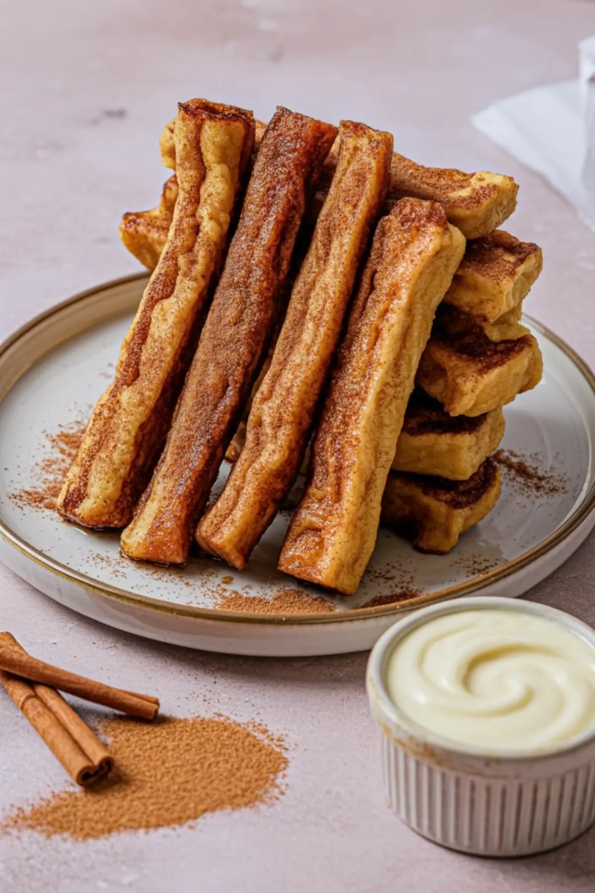 A plate stacked with golden-brown cinnamon French toast sticks, dusted with cinnamon and paired with a swirl of white dipping sauce, placed on a pink surface with scattered spice.