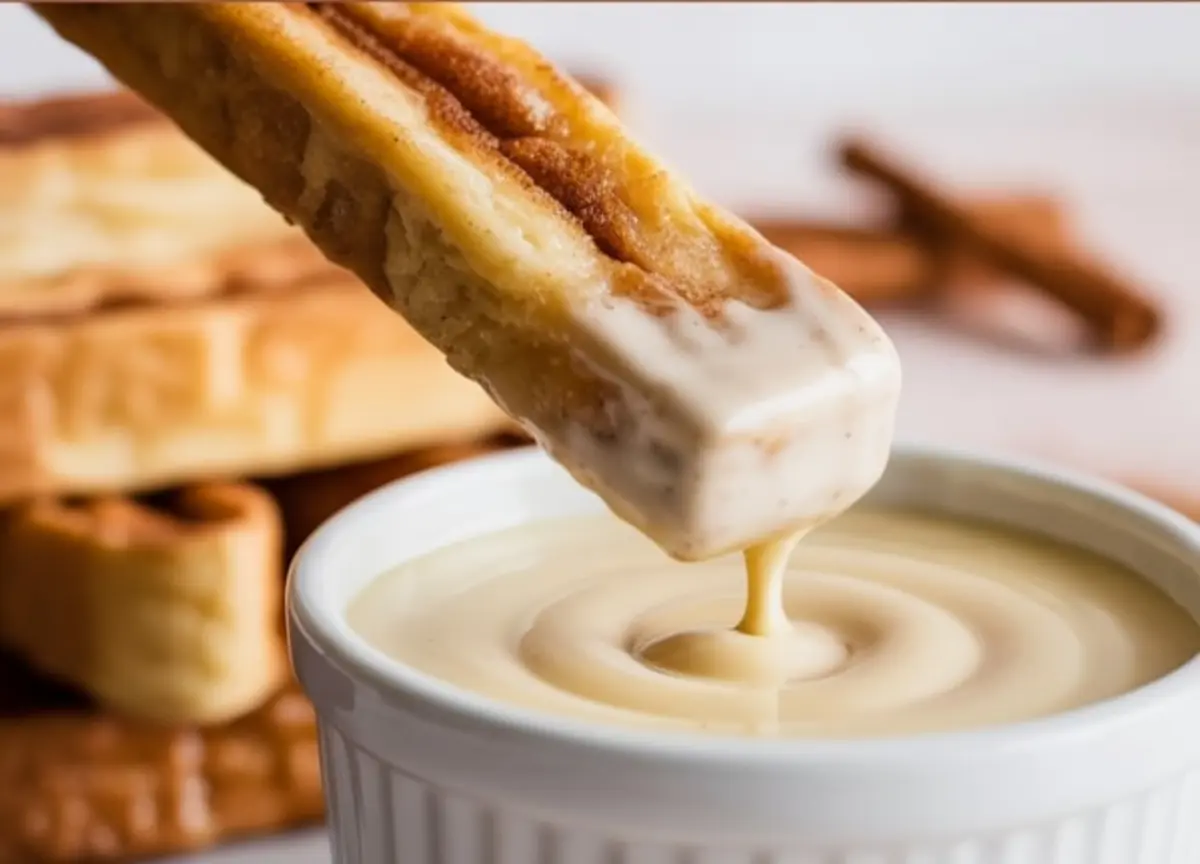 A close-up of a cinnamon-coated French toast stick being dipped into a white creamy sauce, highlighting the texture and swirl of the dip.