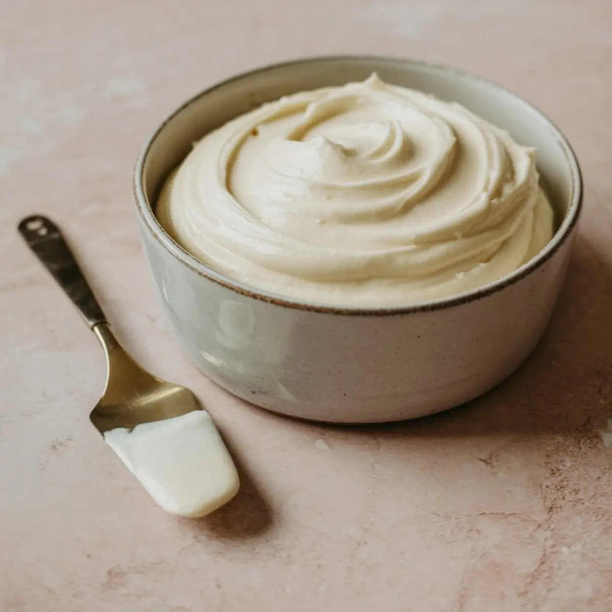 Bowl of whipped cream cheese frosting with a small offset spatula coated in frosting, set on a soft pink surface, ready to be spread on baked cranberry bars or cupcakes.
