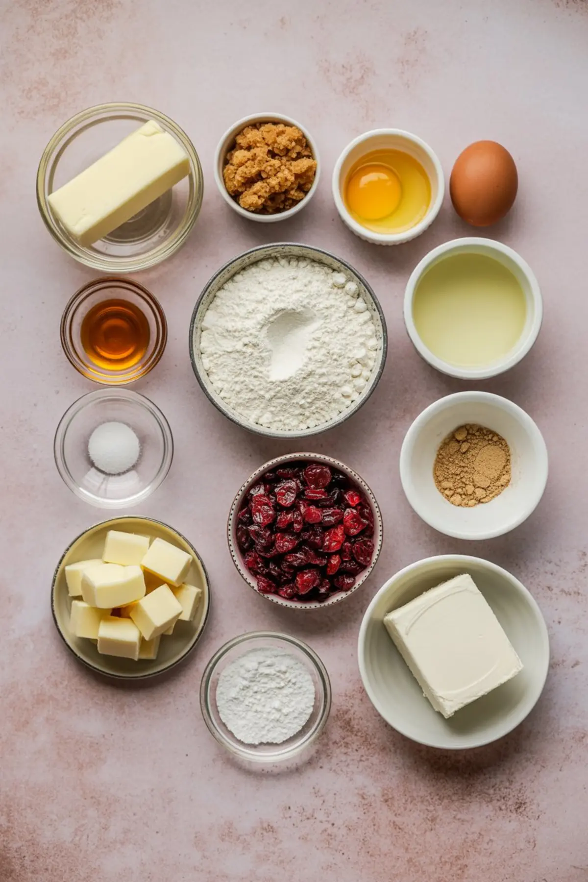 Flat lay of cranberry bliss bar ingredients arranged in small bowls, including flour, butter, eggs, brown sugar, dried cranberries, vanilla extract, cream cheese, and spices on a pink background, perfect for holiday baking inspiration.
