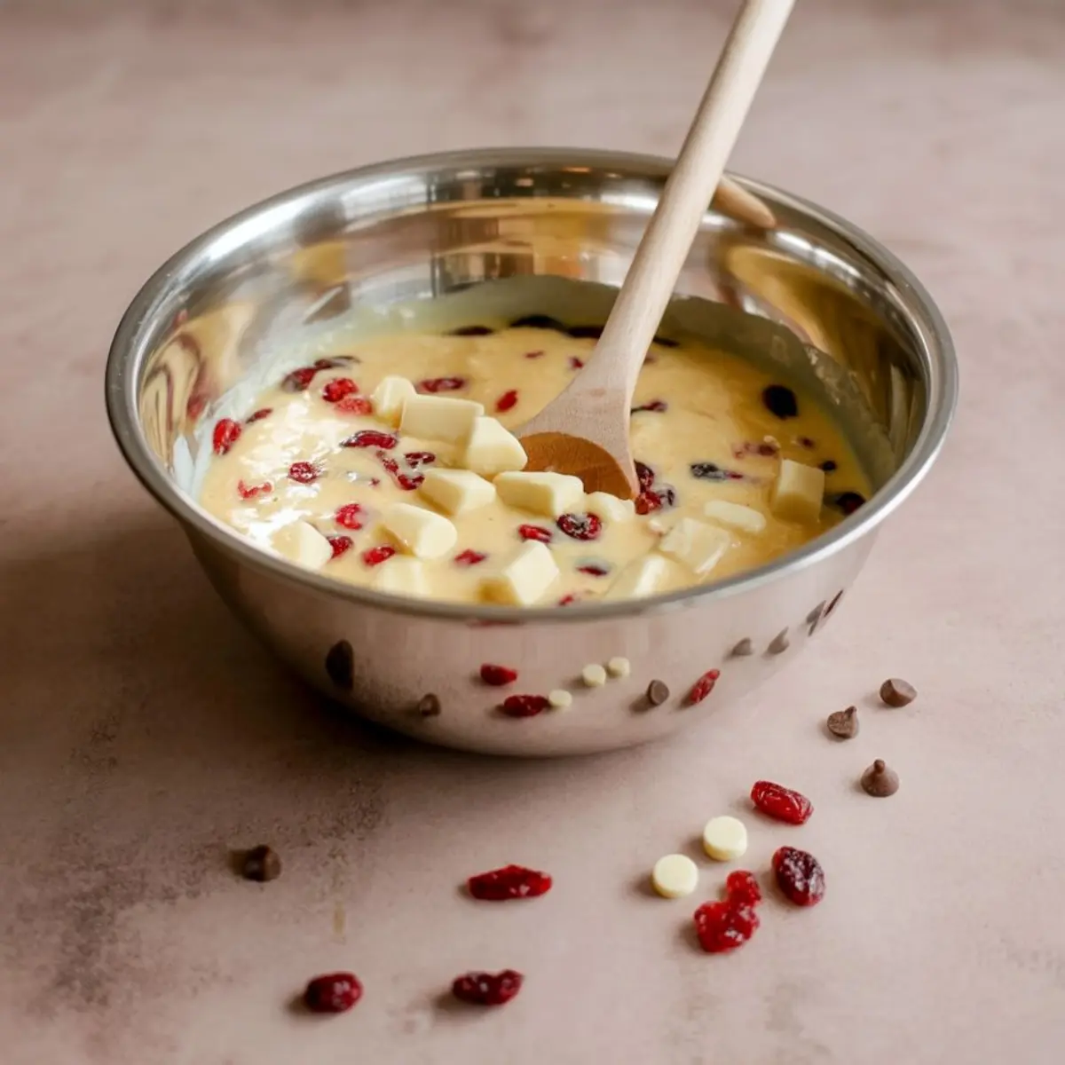 Stainless steel bowl filled with cranberry blondie batter being stirred with a wooden spoon, showing visible chunks of white chocolate and dried cranberries. Scattered ingredients around the bowl add a casual holiday baking vibe.
