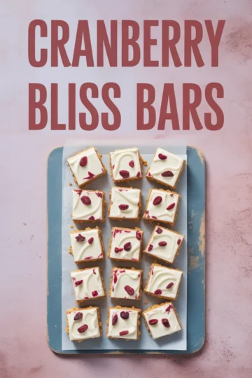 Top view of sliced cranberry bliss bars arranged on a parchment-lined tray, topped with smooth white chocolate frosting and dried cranberries. Text overlay highlights the dessert name for easy Pinterest recognition.