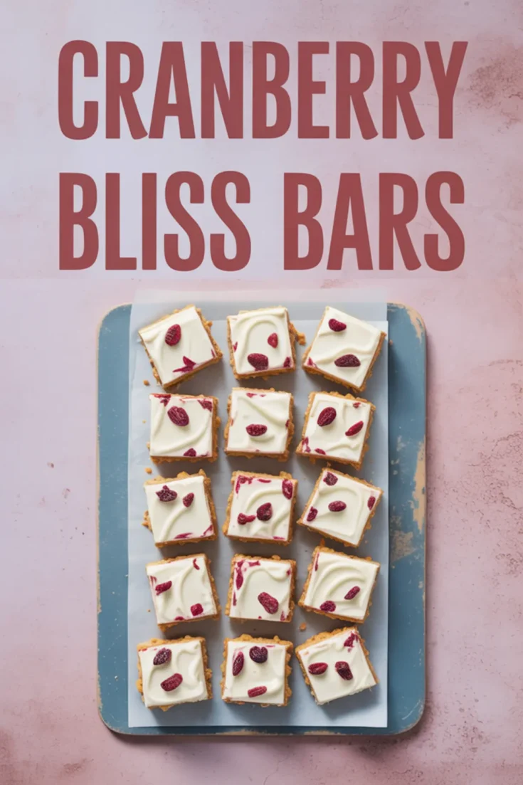 Top view of sliced cranberry bliss bars arranged on a parchment-lined tray, topped with smooth white chocolate frosting and dried cranberries. Text overlay highlights the dessert name for easy Pinterest recognition.