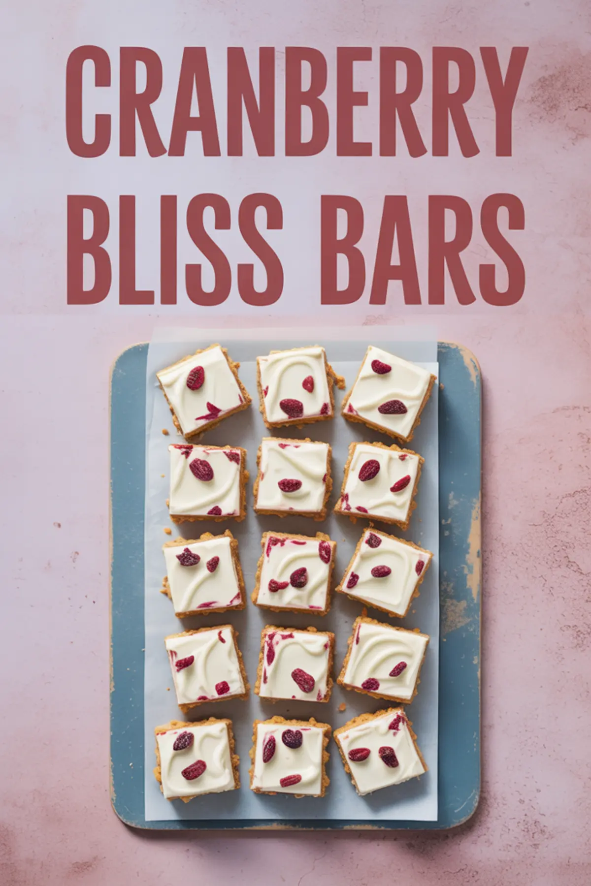 Top view of sliced cranberry bliss bars arranged on a parchment-lined tray, topped with smooth white chocolate frosting and dried cranberries. Text overlay highlights the dessert name for easy Pinterest recognition.
