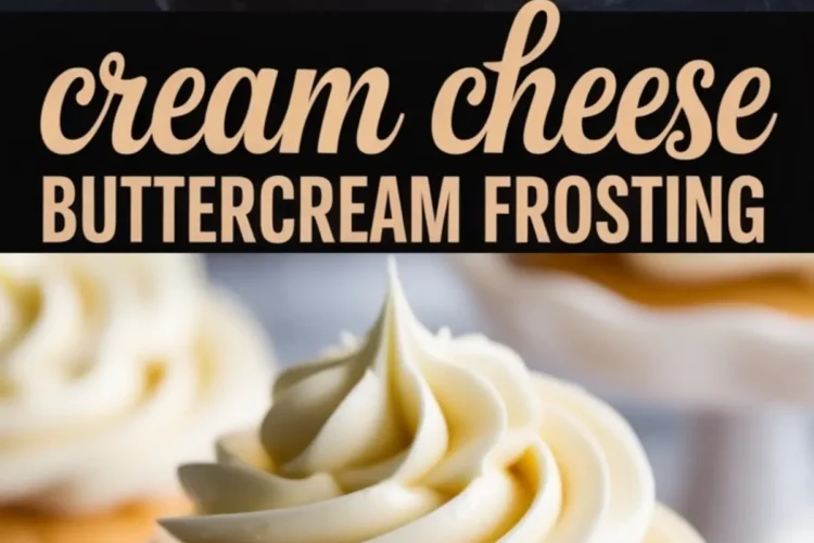 Collage showing a bowl of piped cream cheese buttercream frosting at the top and cupcakes swirled with the same frosting at the bottom, with labeled text “cream cheese buttercream frosting” in the center.