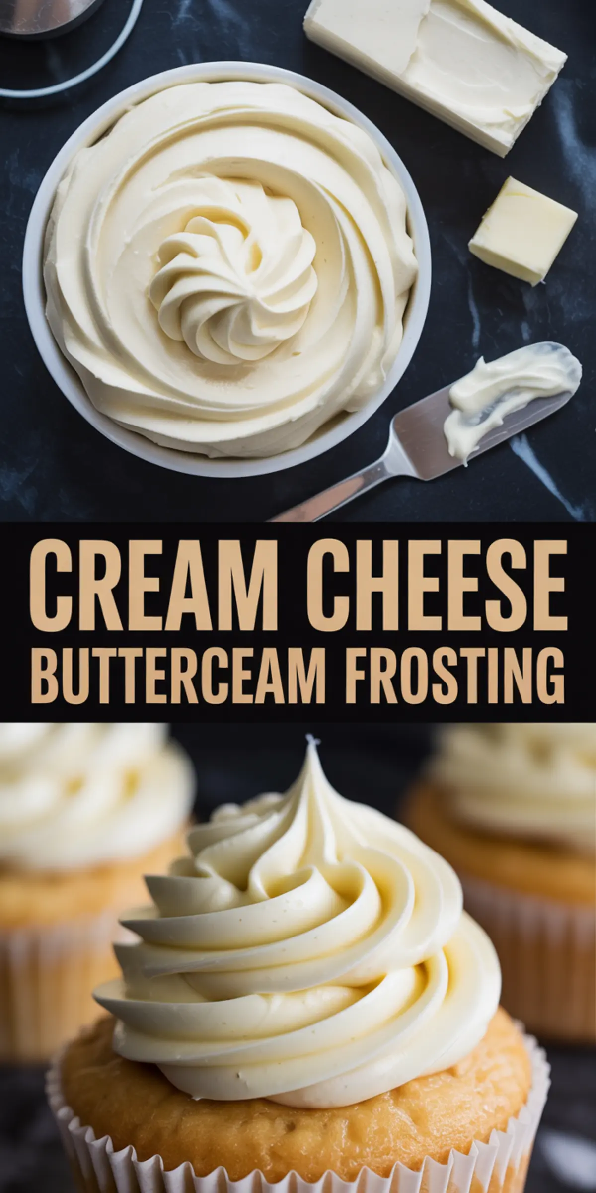 Collage featuring a bowl of thick cream cheese buttercream frosting with a spatula and butter blocks at the top, and frosted cupcakes at the bottom, with bold text “cream cheese buttercream frosting” separating both views.