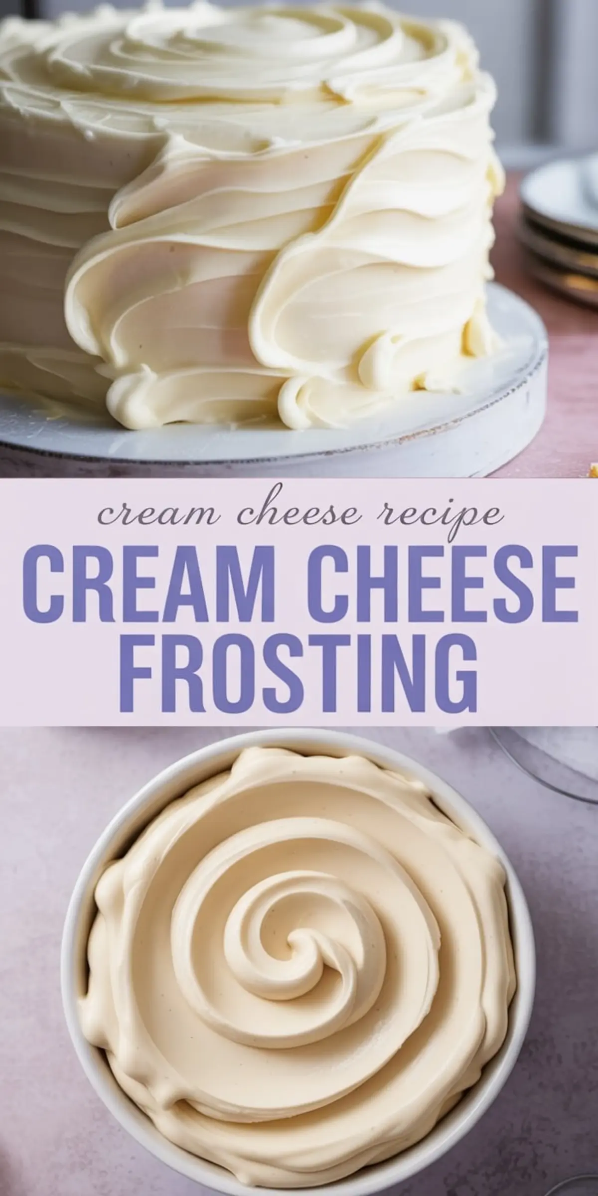 Whipped cream cheese frosting spread generously on a round cake with soft peaks and piped rosettes, paired with a bowl filled with silky frosting swirled to perfection. Great for frosting recipes and creamy cake icing ideas.