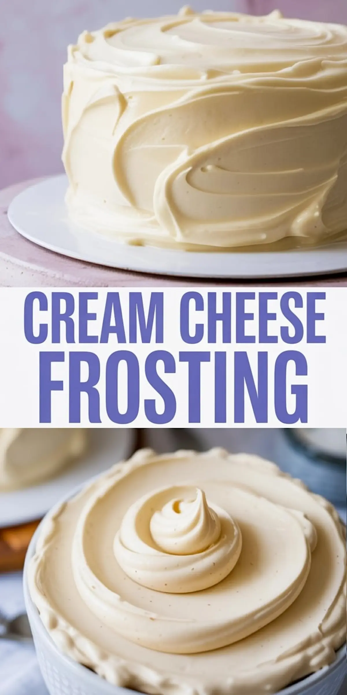 Homemade cream cheese frosting covering a round layer cake with light textured swirls, shown with a bowl of frosting topped with a piped swirl. Perfect for cake frosting recipes and cupcake icing inspiration.