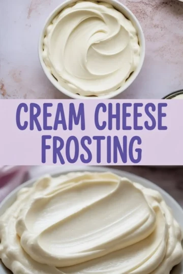 Smooth and creamy cream cheese frosting shown in a bowl with a soft swirl pattern and a close-up of a thick layer of frosting spread evenly. Great for frosting recipes easy to follow and ideal for cakes or cupcakes.