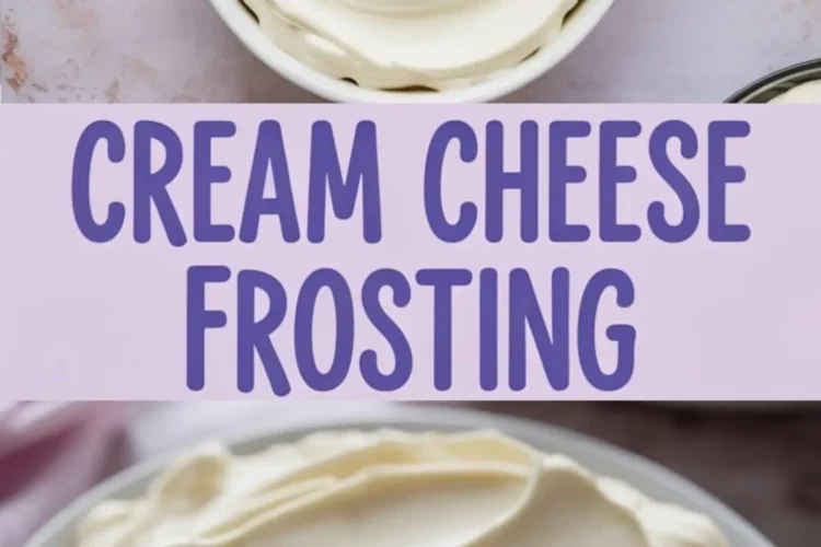 Smooth and creamy cream cheese frosting shown in a bowl with a soft swirl pattern and a close-up of a thick layer of frosting spread evenly. Great for frosting recipes easy to follow and ideal for cakes or cupcakes.