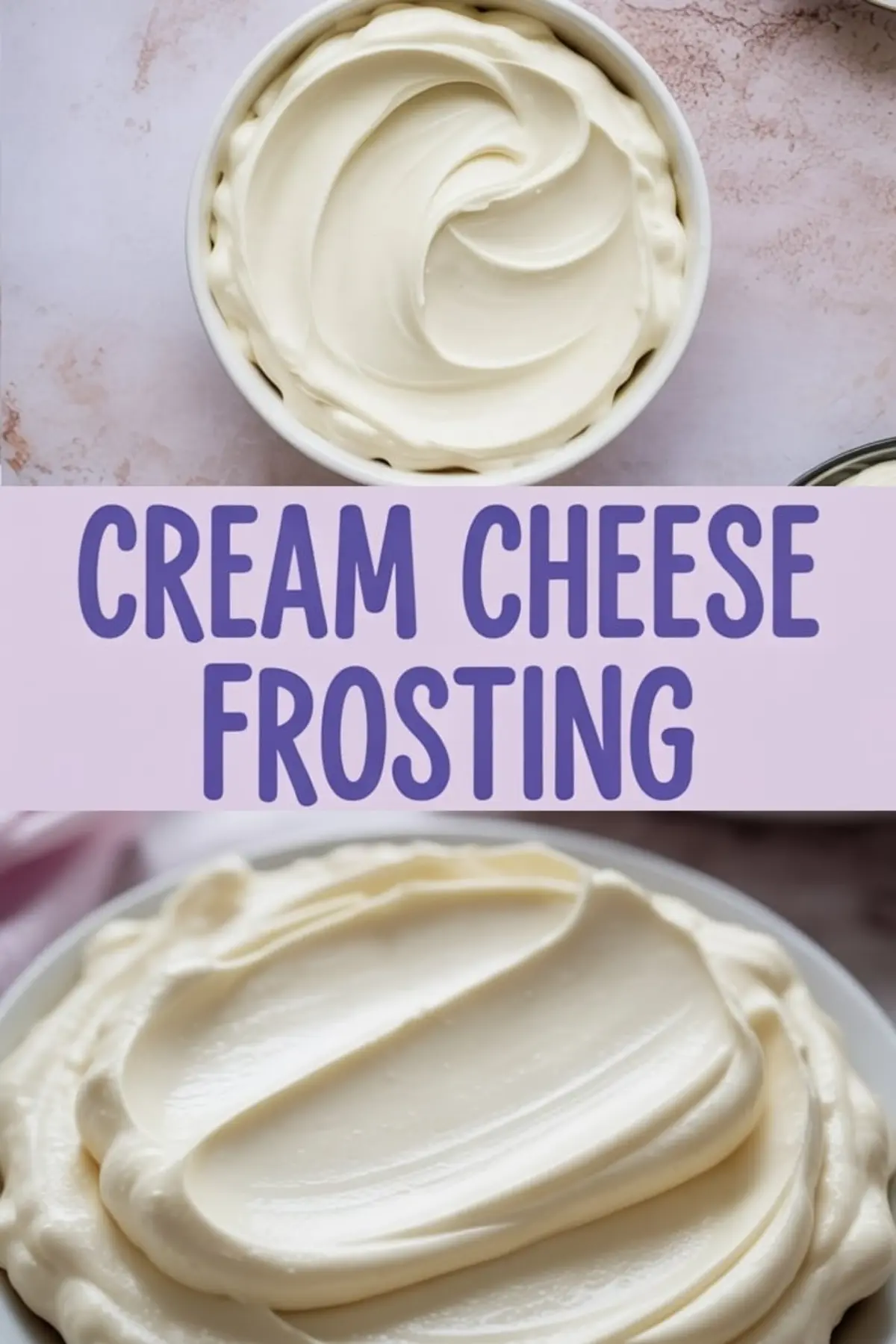 Smooth and creamy cream cheese frosting shown in a bowl with a soft swirl pattern and a close-up of a thick layer of frosting spread evenly. Great for frosting recipes easy to follow and ideal for cakes or cupcakes.