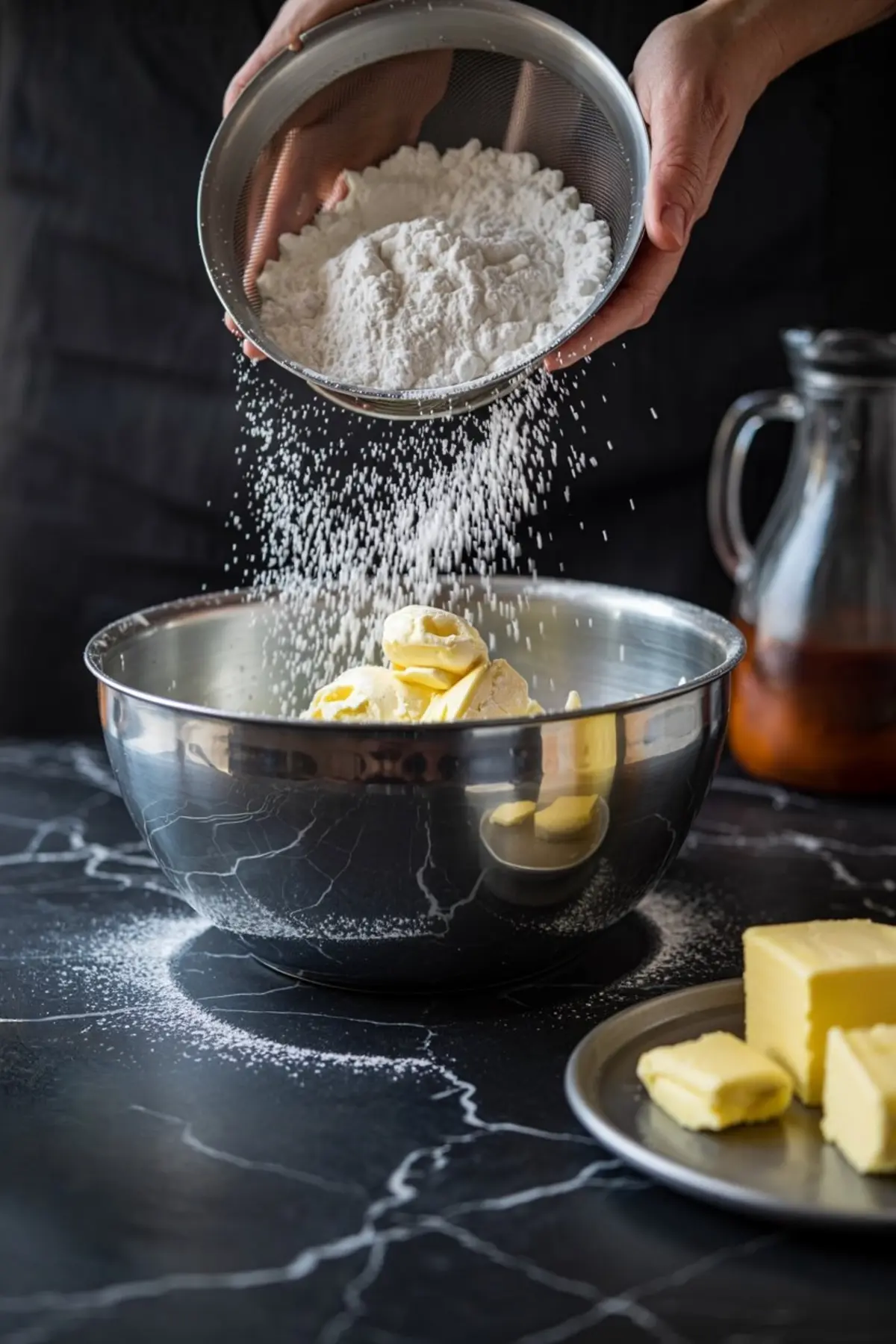 Sifted powdered sugar falling into a stainless steel bowl filled with chunks of butter and cream cheese on a black marble surface, with extra butter on a nearby plate.