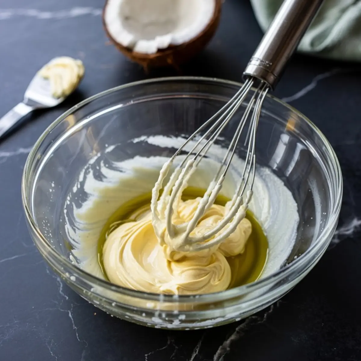 Glass mixing bowl with vegan butter and oil partially whipped using a metal whisk, placed on a black marble counter with a halved coconut in the background.
