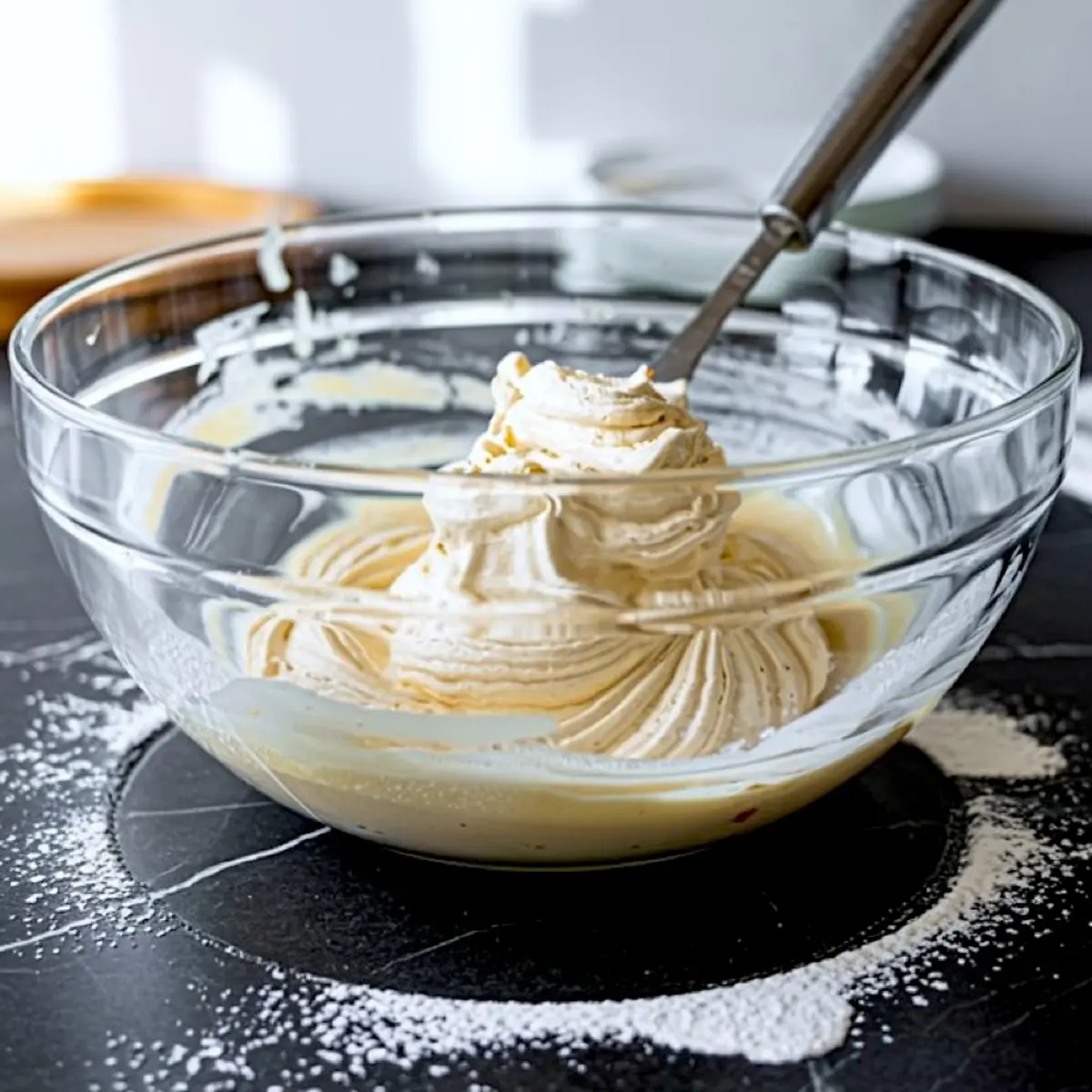 Creamy dairy-free frosting being whipped in a glass bowl with a spatula, surrounded by scattered powdered sugar on a dark surface.

