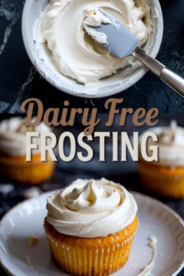 Two-part image showing dairy-free frosting preparation with a spatula in a bowl and finished vegan cupcakes topped with fluffy white frosting on a white plate, styled with bold “Dairy Free Frosting” text overlay.